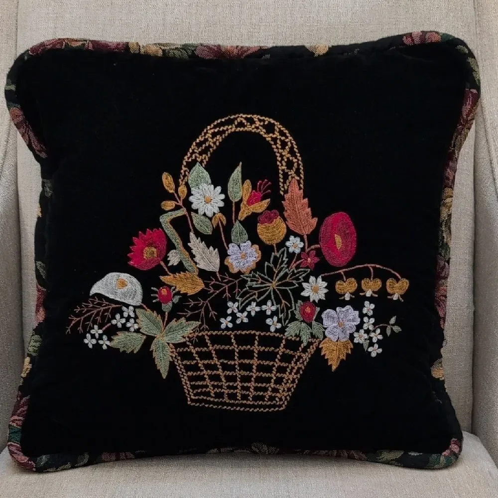 Vintage Black Velvet Floral Embroidered Throw Accent Pillow Floral Tapestry Back